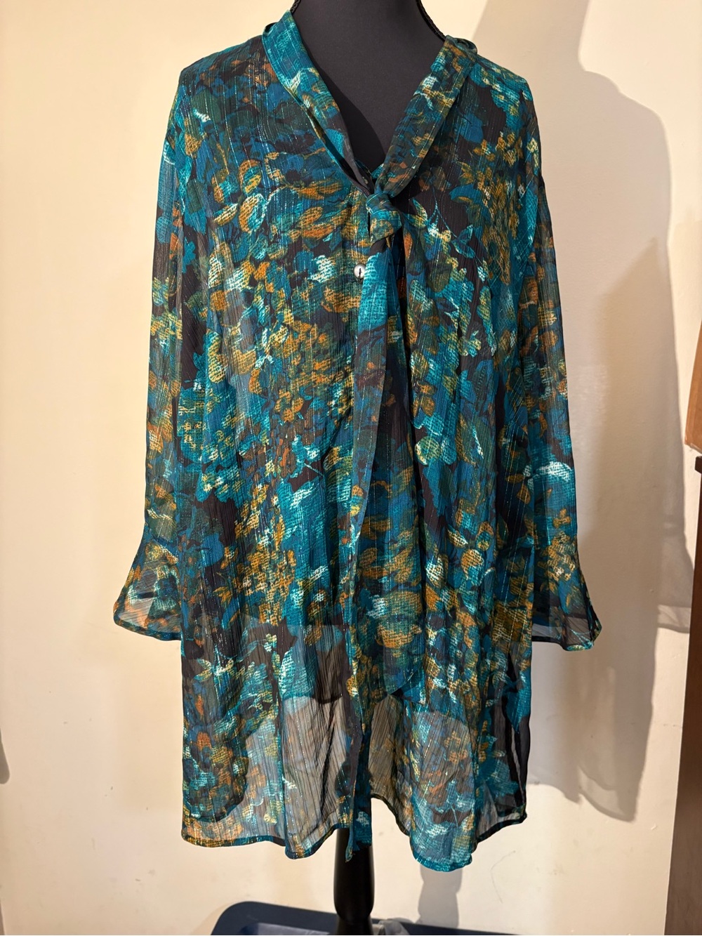 Sheer Teal & Gold Floral Tie-Neck Blouse-with Glimmering Silver Threading! - Picture 1 of 16